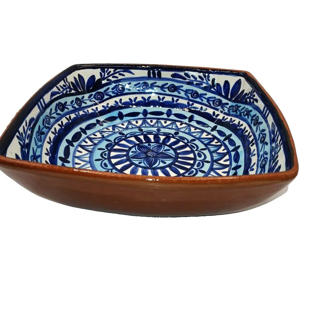 Olaria S.P Corval Bowl Hand Painted Blue & White Terracotta Mandela Pattern 9x9